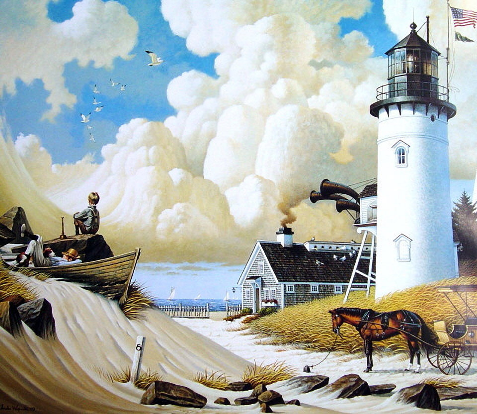 День жизни на маяке - лодки, люди, лошадь, маяк, телега, море - оригинал