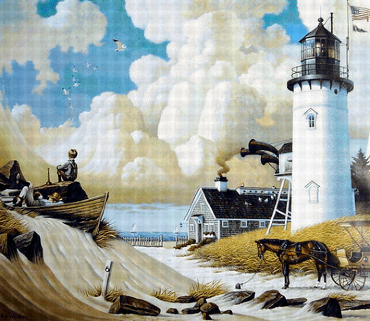 День жизни на маяке - лодки, маяк, люди, телега, море, лошадь - предпросмотр