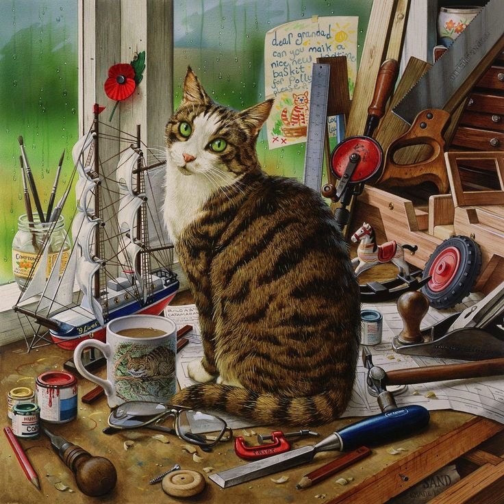 Кот в мастерской - окно, краски, инструменты, кот, мастерская - оригинал