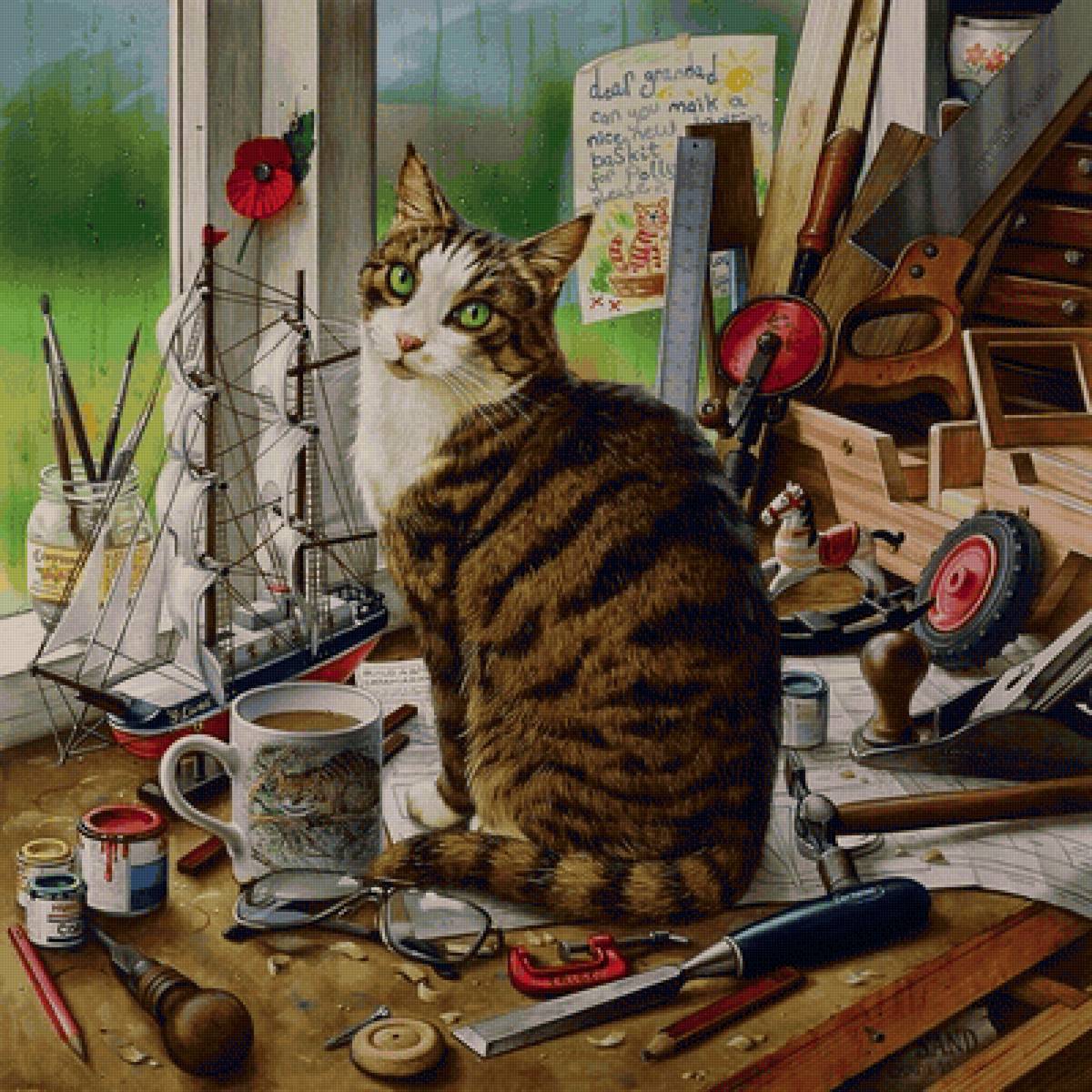 Кот в мастерской - инструменты, окно, мастерская, краски, кот - предпросмотр