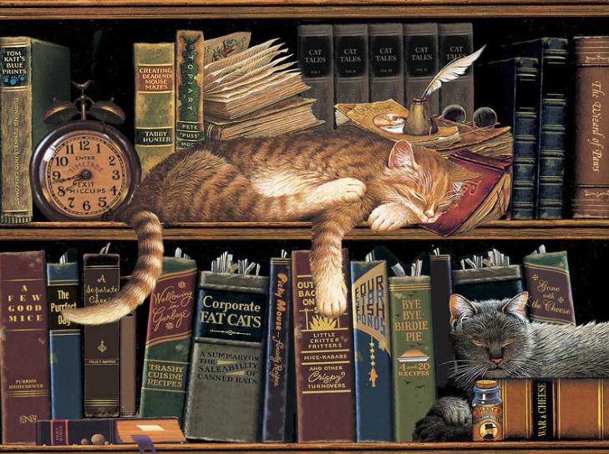 Ученые коты - полка, часы, коты, книги - оригинал