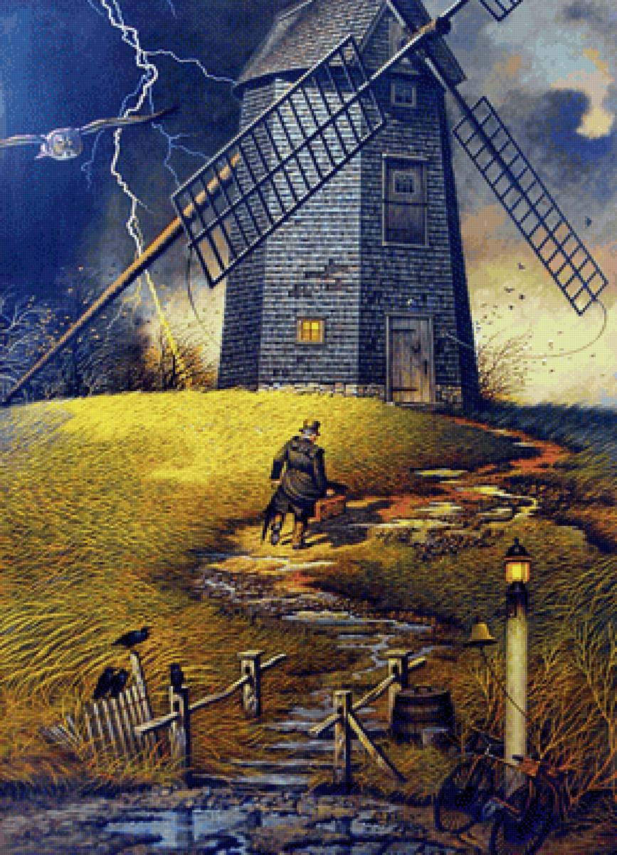 Гость мельника - человек, мельница, сумерки - предпросмотр