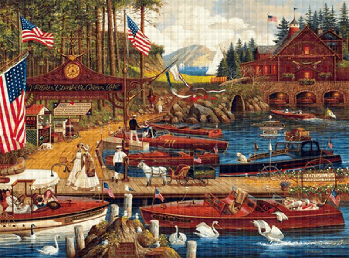 На пристани - лебеди, лем, дома, люди, лодки - предпросмотр