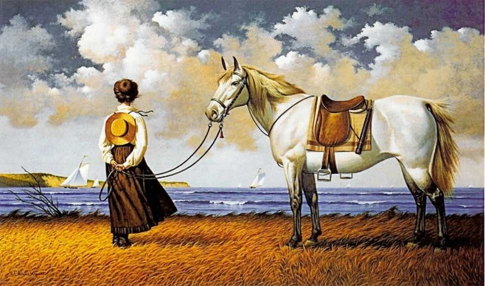 Ожидание - море, парусники, лошадь, девушка - оригинал