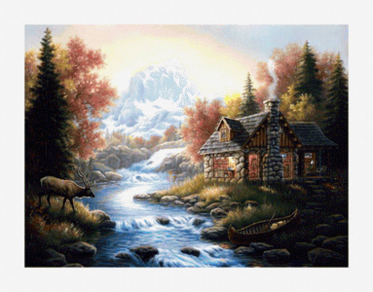 Домик в Лесу - горы, река, пейзаж, кинкейд, лес, природа - предпросмотр