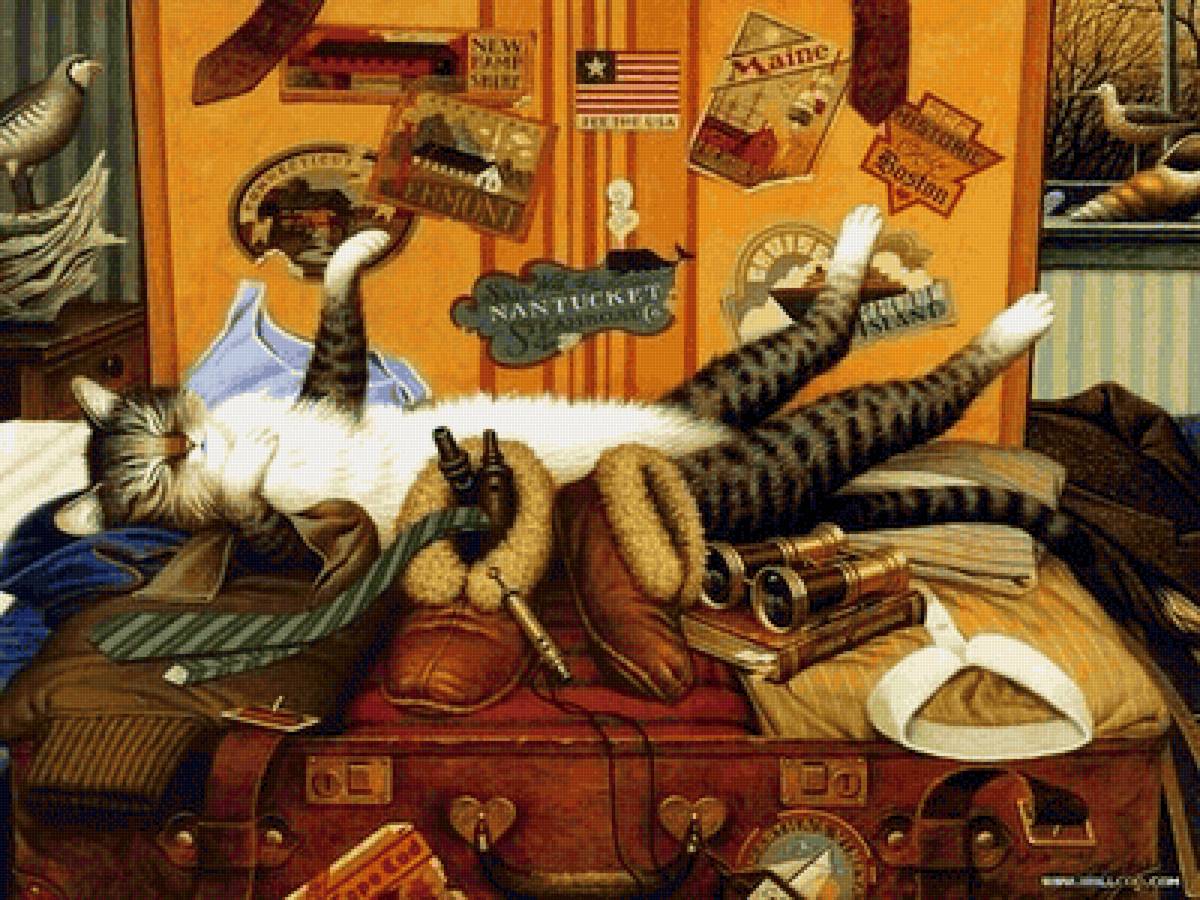 Наконец-то дома! - бинокль, кот, вещи, чемодан - предпросмотр