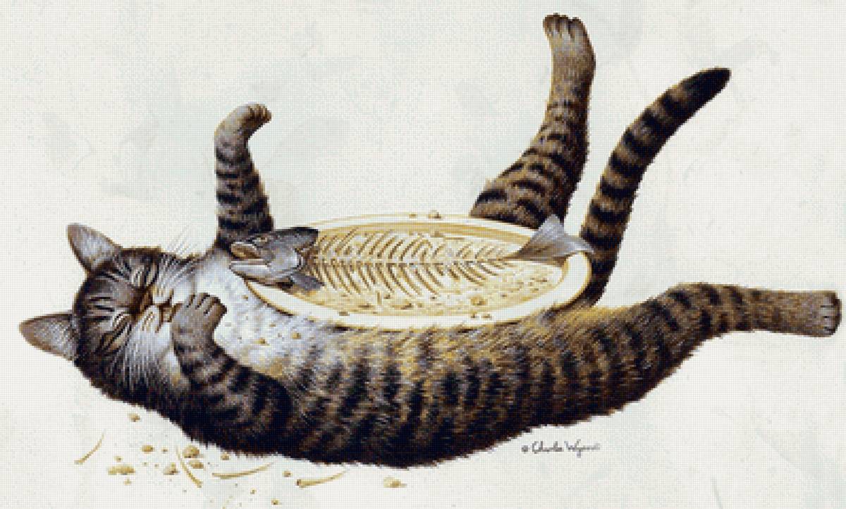 Завтрак кота - рыба, тарелка, кот - предпросмотр