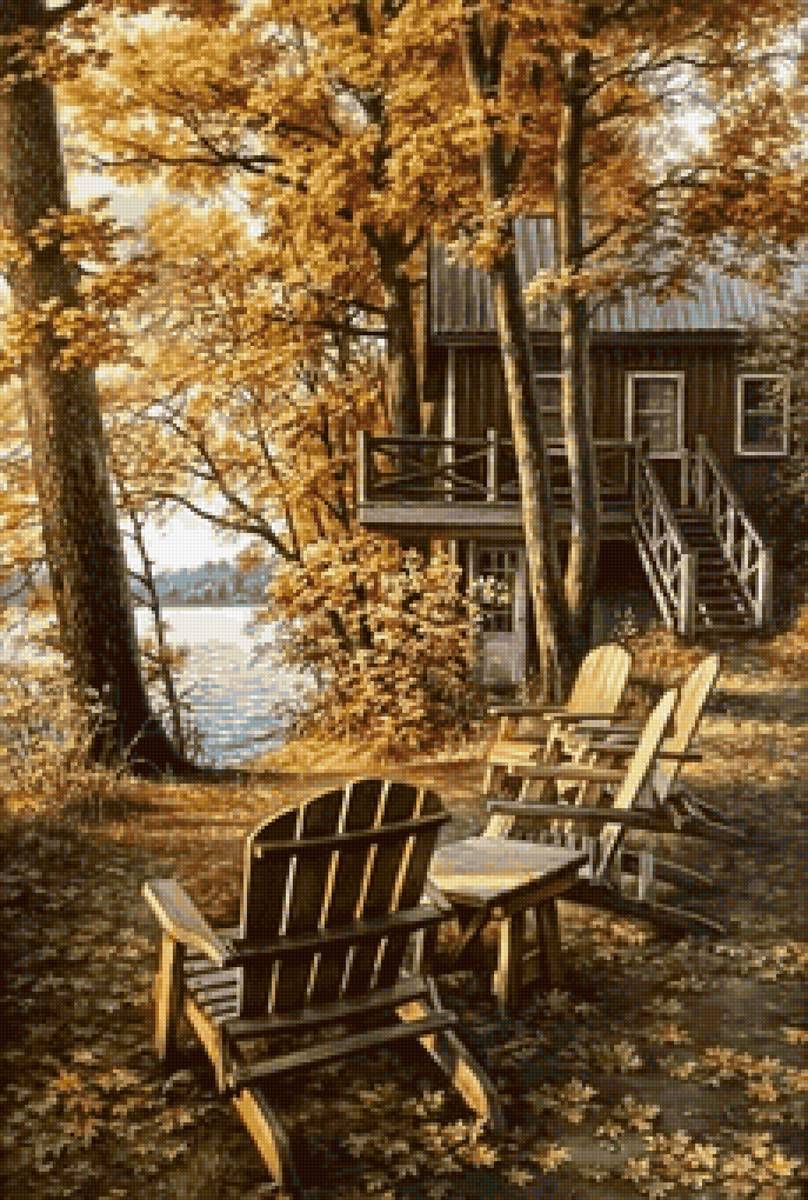 Осень золотая - берег, домик, озеро, осень - предпросмотр