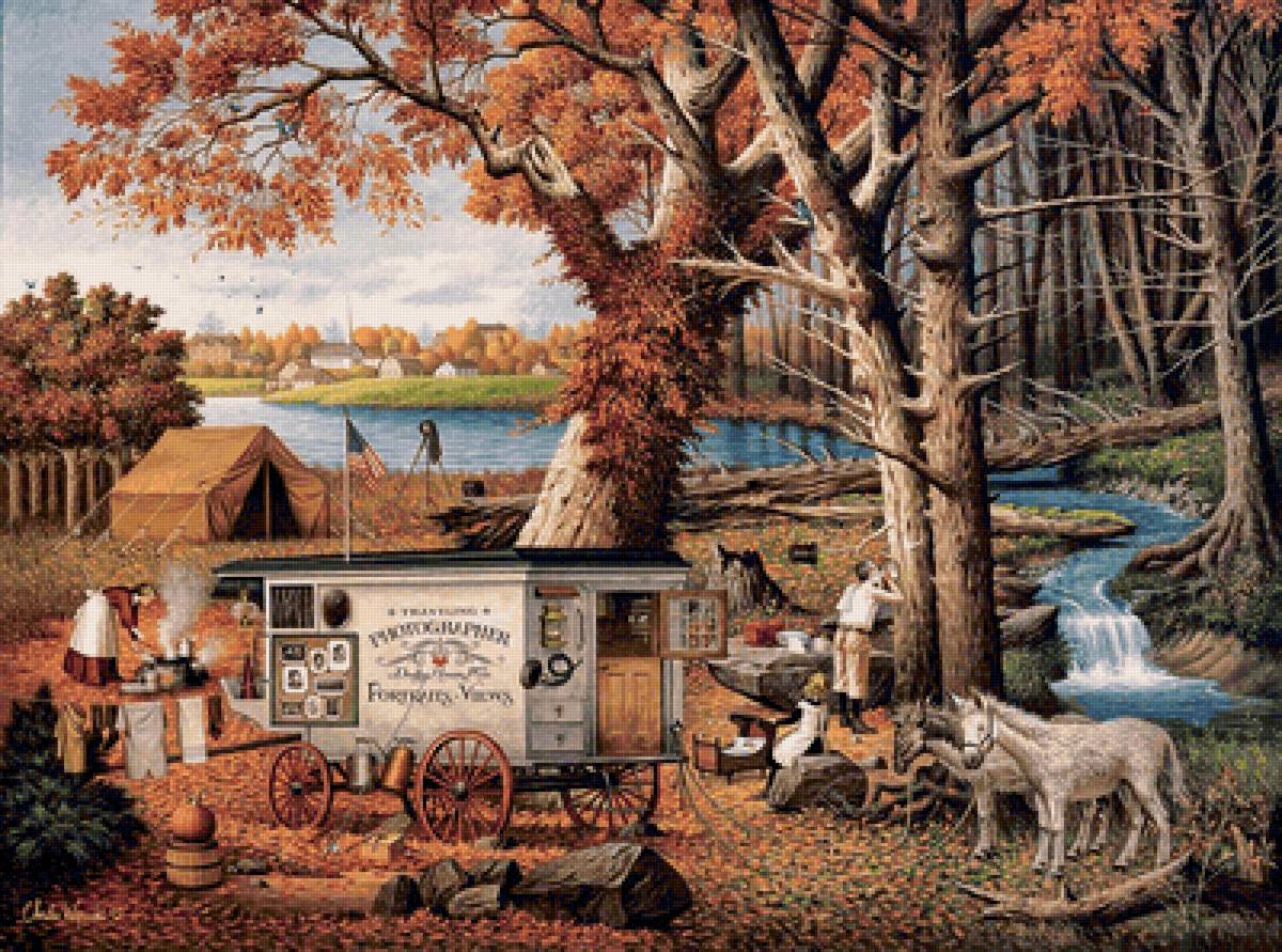 Лесной лагерь - ле, ручей, палатка, люди - предпросмотр