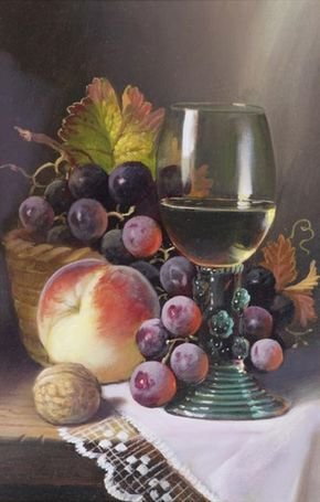 РАЙМОНД КЕМПВЭЛЛ.  НАТЮРМОРТ С БОКАЛОМ, ВИНОГРАДОМ И ПЕРСИКОМ - фрукты, натюрморт - оригинал