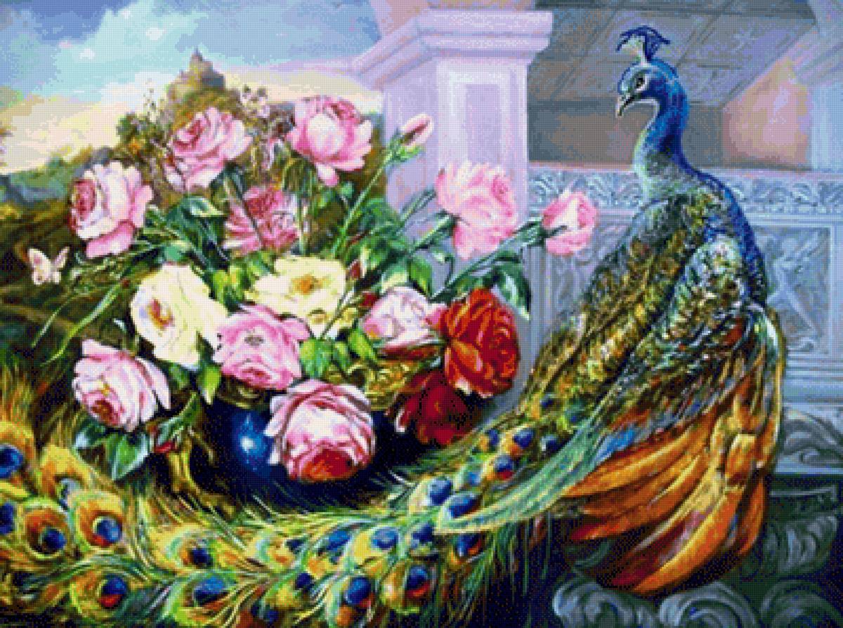 Павлин и розы - птица - предпросмотр