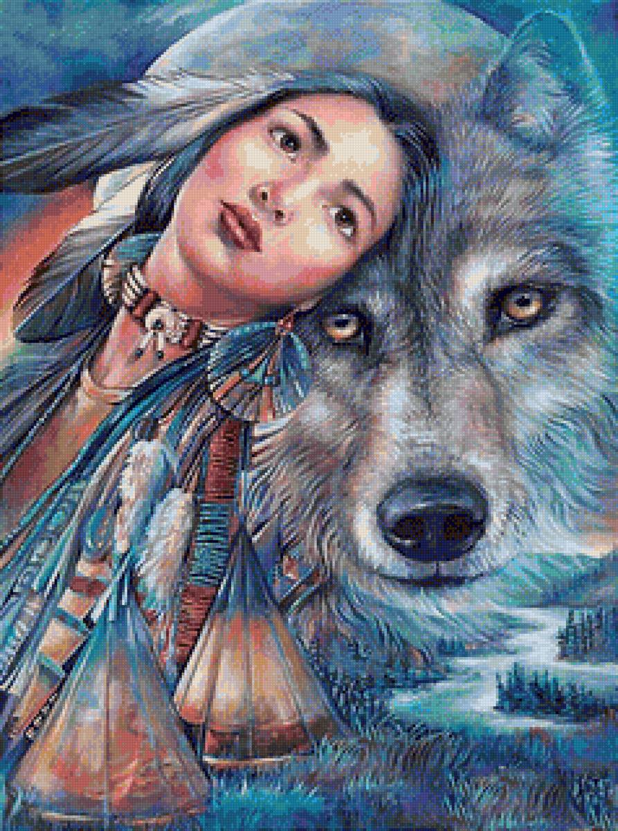 Девушка и волк - волк индианка - предпросмотр