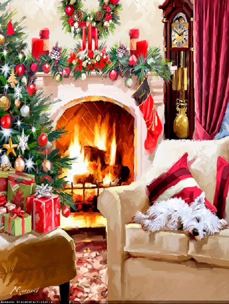 По картине Ричарда Макнейла - комната, пес, елка, камин, новый год - оригинал