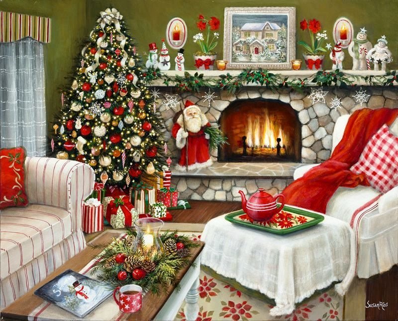 По картине Сюзан Риос - новый год, комната, камин, елка - оригинал