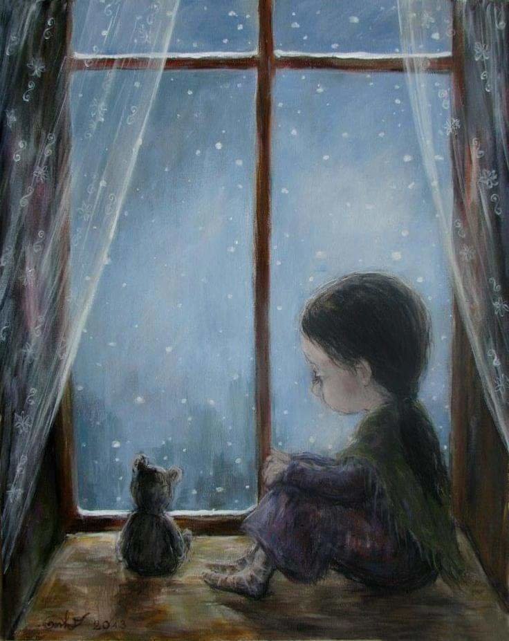 Зимний вечер - зима, окно, снег, ребенок - оригинал