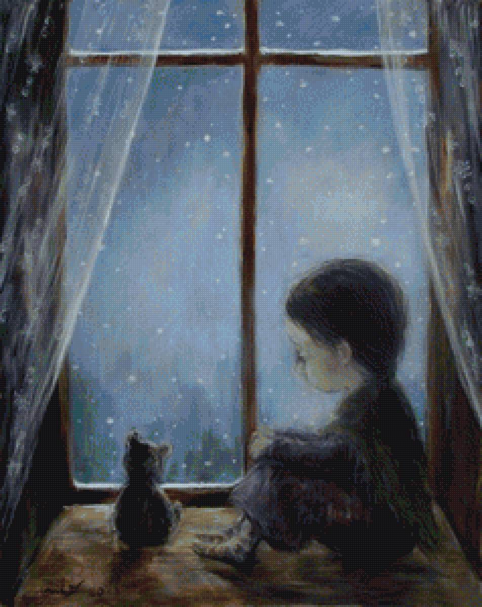 Зимний вечер - окно, снег, ребенок, зима - предпросмотр