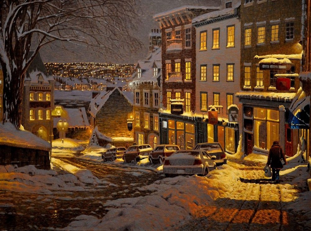 По картине Ричарда Савойя - люди, дома, снег, город - оригинал