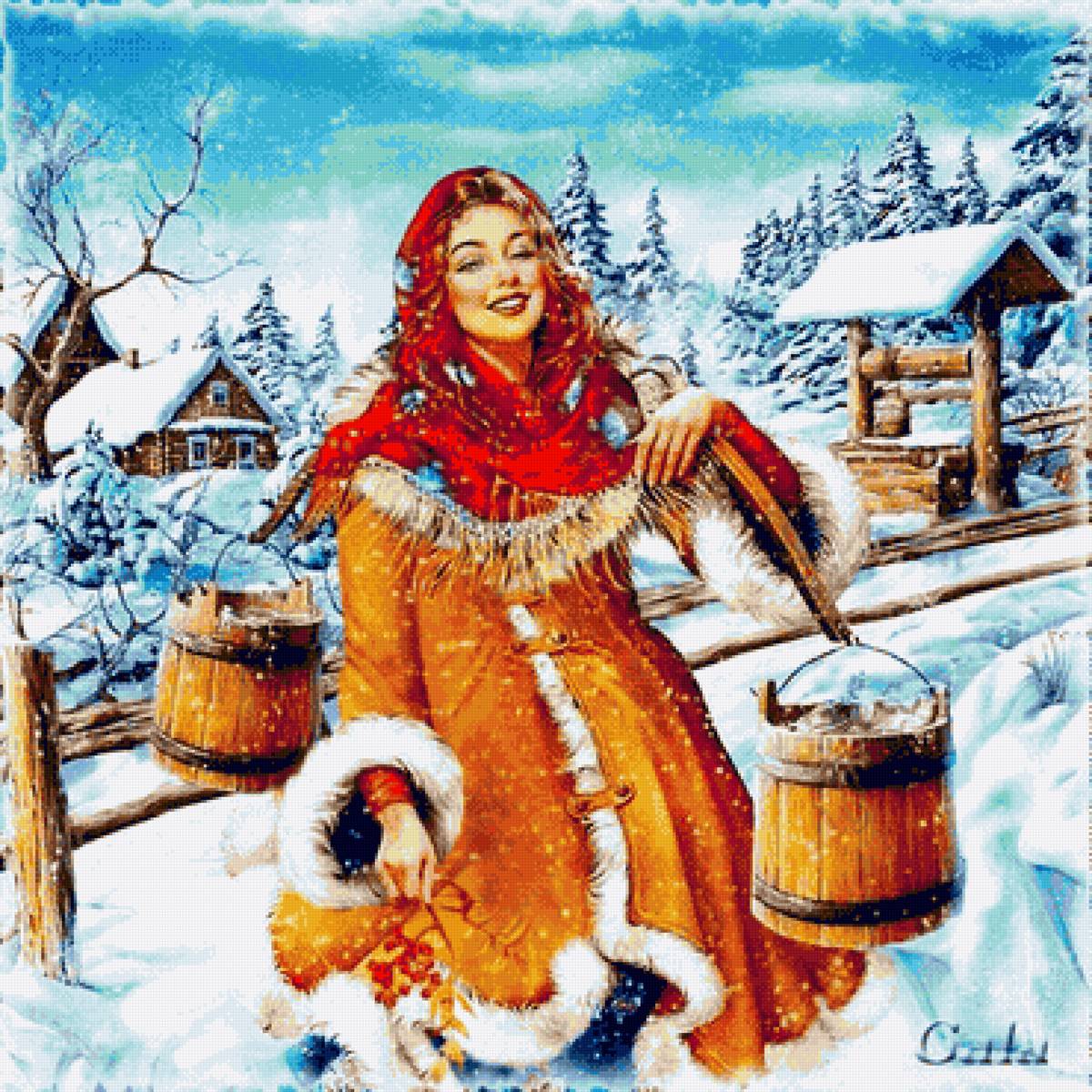 зима - девушка, мороз, картина, деревня - предпросмотр