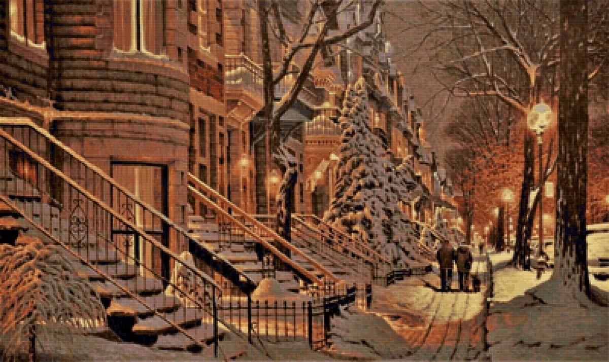 По картине Ричарда Савойя - снег, люди, дома, город - предпросмотр