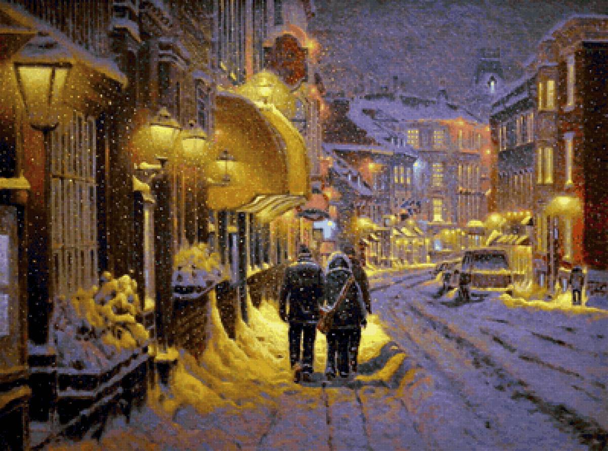 По картине Ричарда Савойя - дома, снег, город, люди - предпросмотр