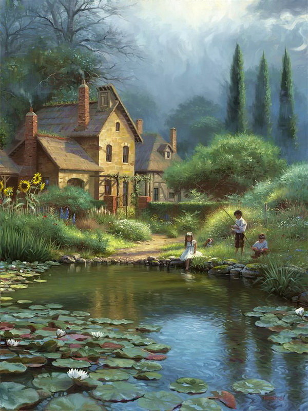 Дети у пруда - озеро, дом, вода, пруд, дети - оригинал