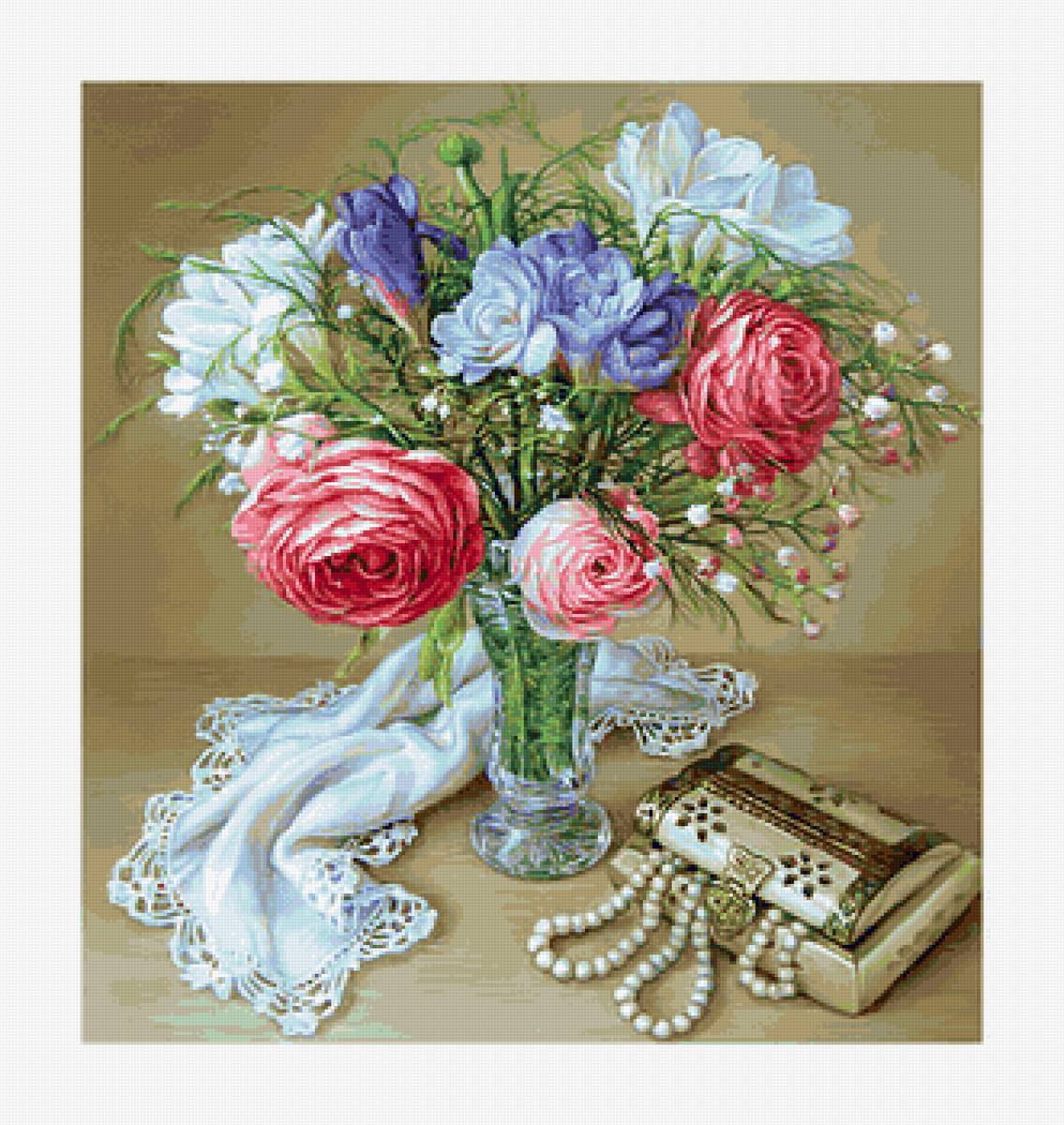 букет - натюрморт, цветы, жемчуг, шкатулка - предпросмотр