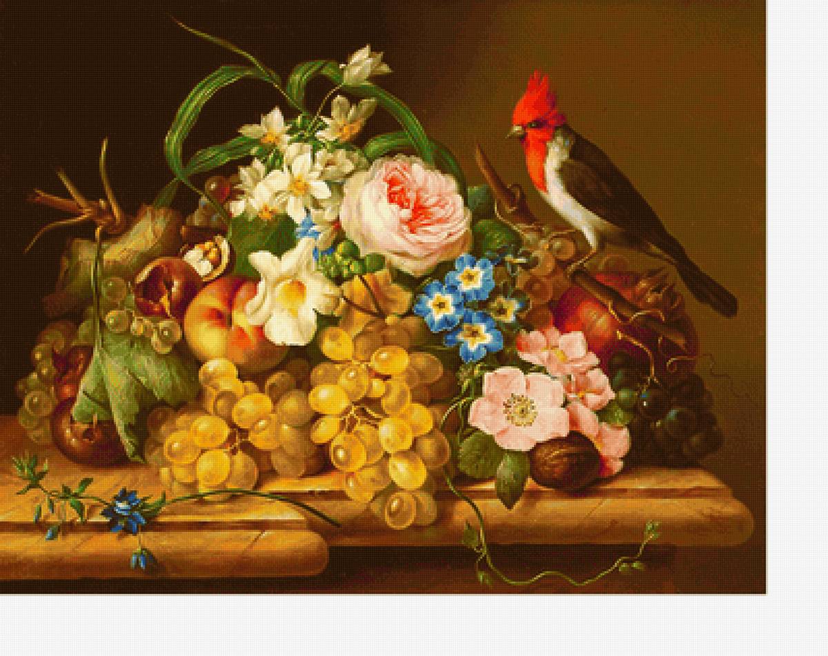Серия "Натюрморты" - букет, цветы, попугай, натюрморт, фрукты, птицы - предпросмотр