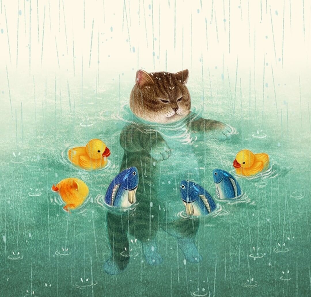 кот-купальщик - игрушка, дождь, вода, рыба - оригинал