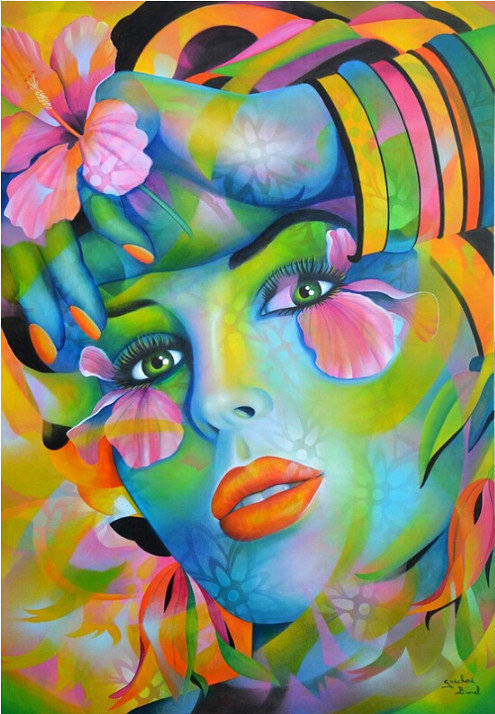 девушка - абстракция, цветы - оригинал