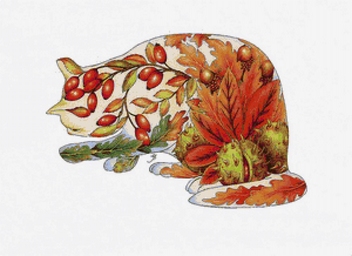 осень - кот, шиповник, листья - предпросмотр