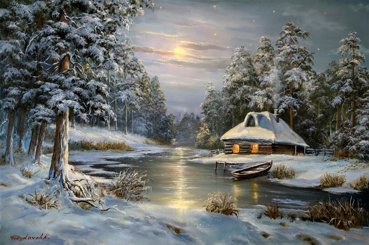 Зима - вечер, дом, снег, зима - оригинал