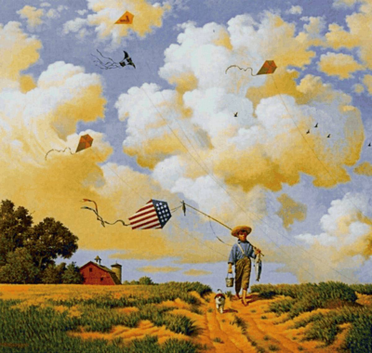 Летний день - поле, мальчик, воздушный змей - предпросмотр