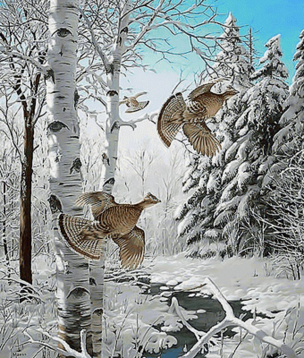 Зимний лес. - деревья, снег, природа, птицы, зима, живопись - предпросмотр