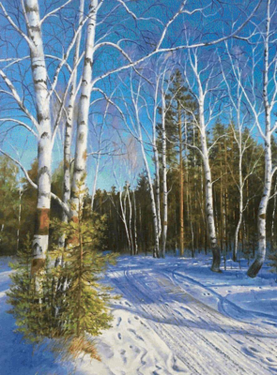 зимний пейзаж - снег, дорога, деревья - предпросмотр