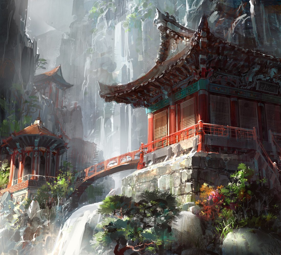 Храм в горах - лето, горы, вода, лес, пейзаж, мост, дерево - оригинал