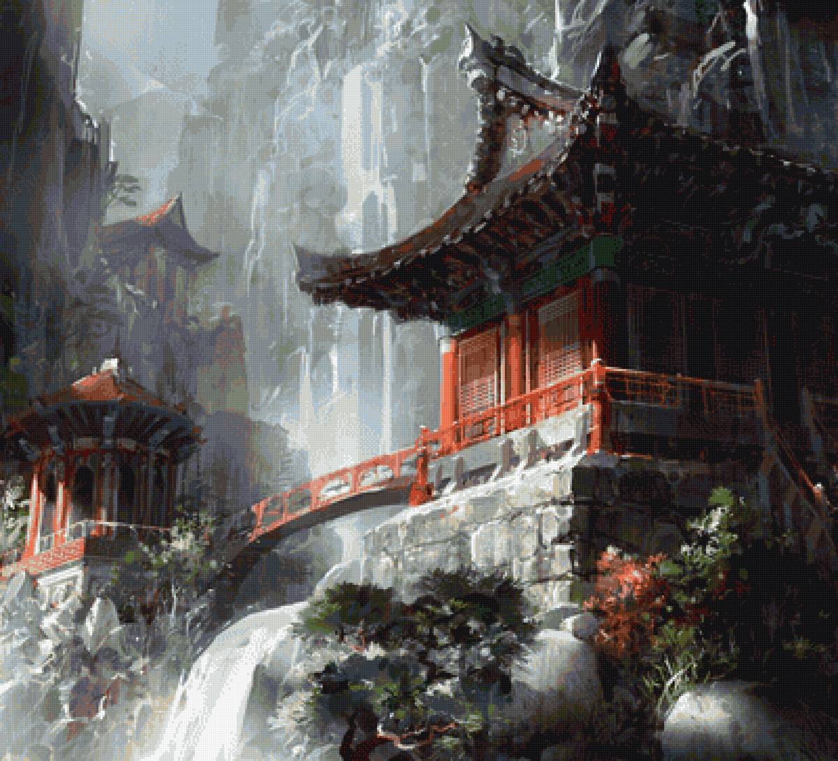 Храм в горах - дерево, горы, лес, вода, лето, пейзаж, мост - предпросмотр