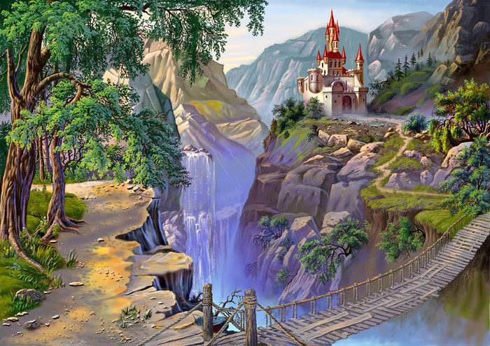 замок - дерево, вода, лес, пейзаж, мост, горы, лето - оригинал