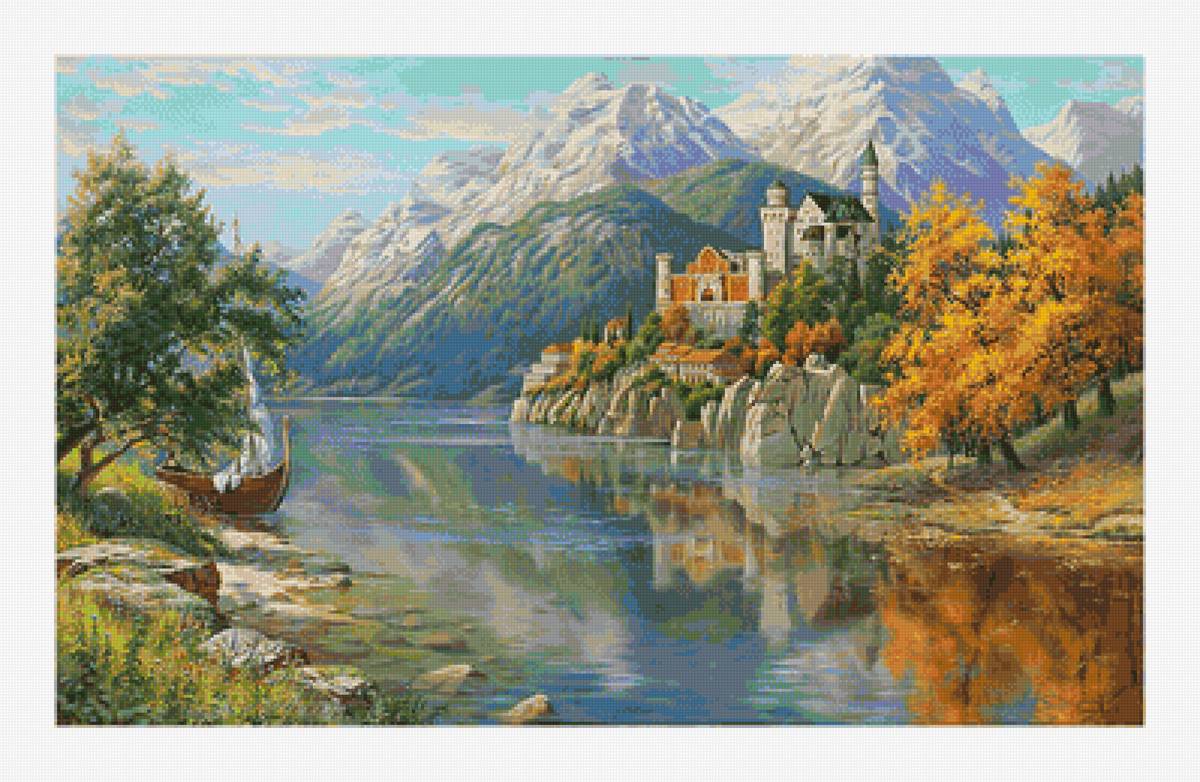 замок - пейзаж, лес, ладья, вода, лето, дерево - предпросмотр