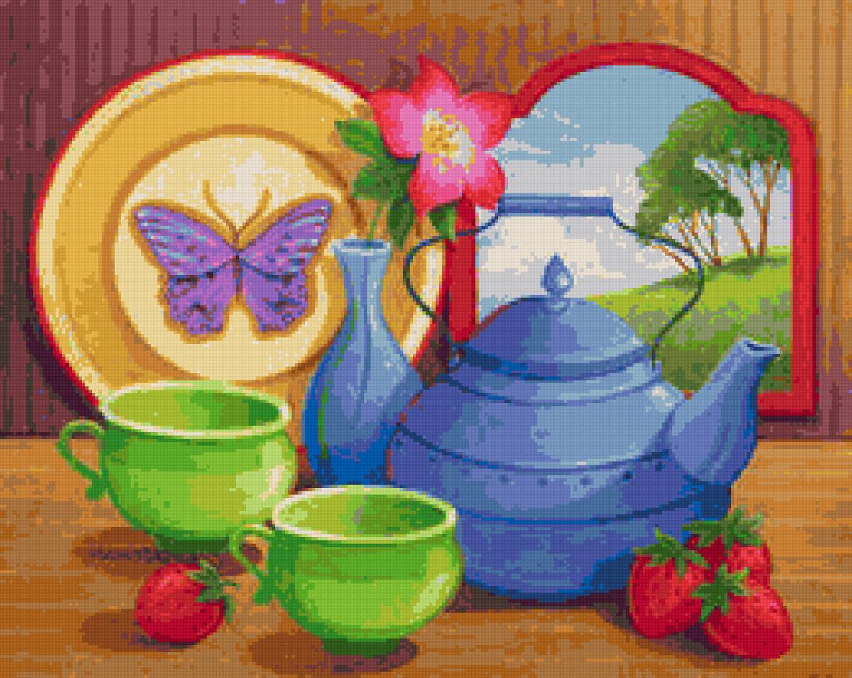 чай - блюдо, чайник, клубника, бабочка, натюрморт - предпросмотр