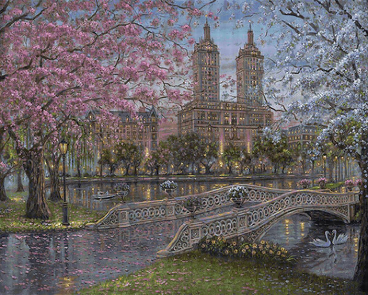 картина - пейзаж, мост, весна, дерево, город - предпросмотр