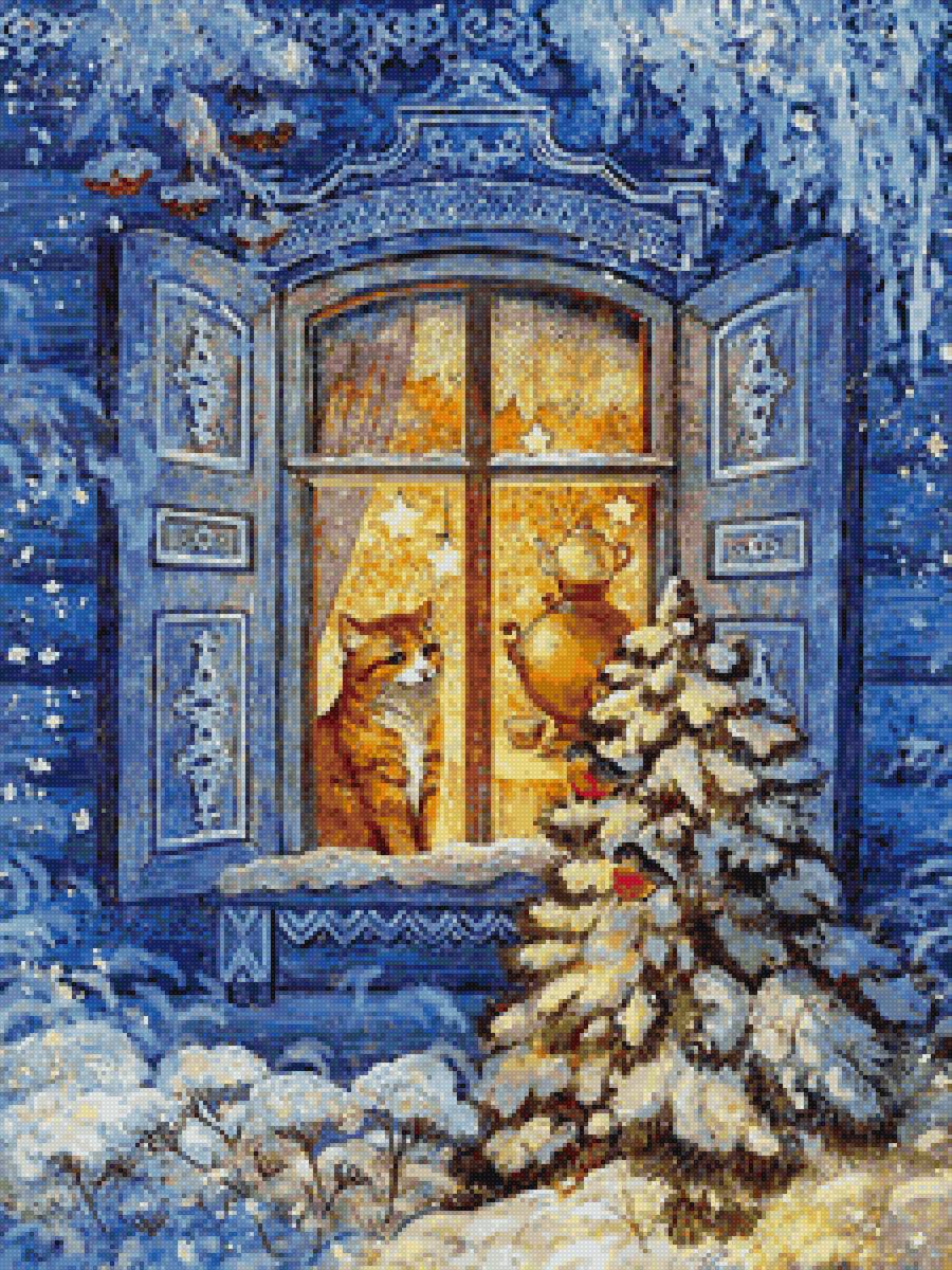 Котейка зимним вечером - зима - предпросмотр