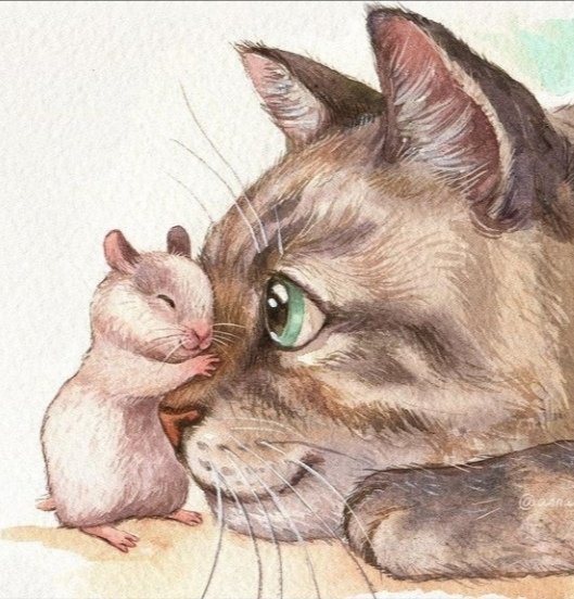Нежная дружба - мышь, дружба, кот, животные - оригинал