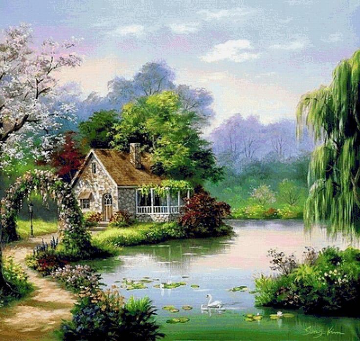 Домик у реки - река, лес., домик - оригинал