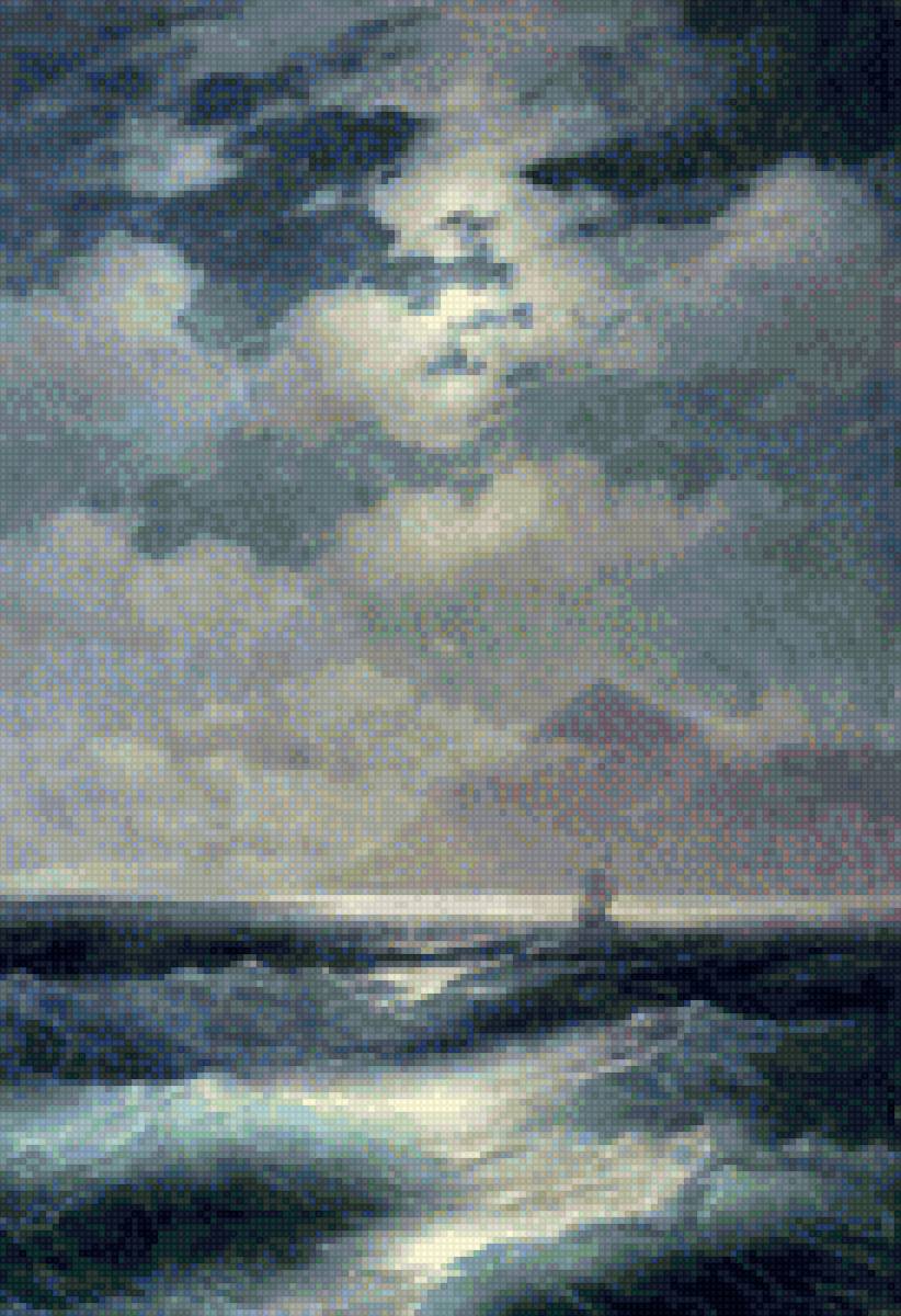 Морской вид при луне - луна, живопись, море, ночь, картины - предпросмотр