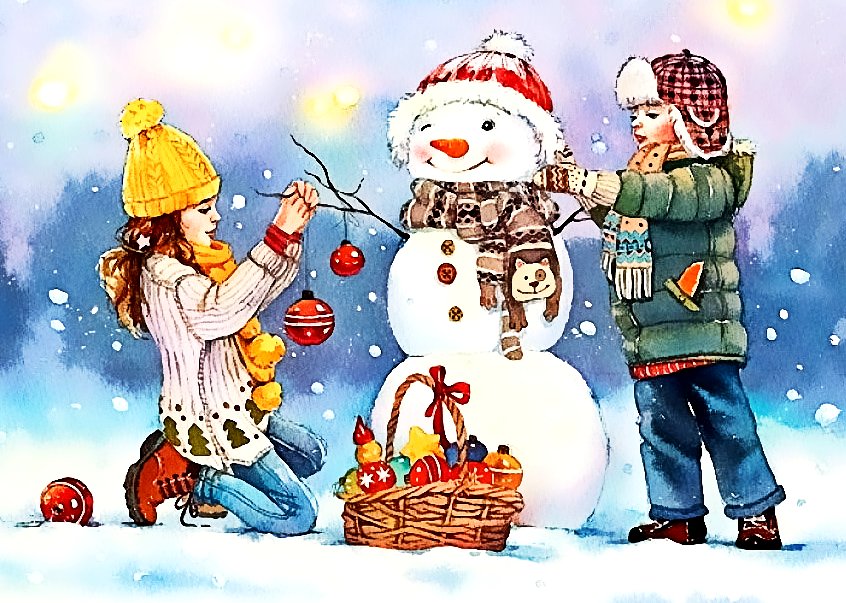По иллюстрации Евгении Чистотиной - зима, дети, снеговик, рисунок, новый год, рождество - оригинал