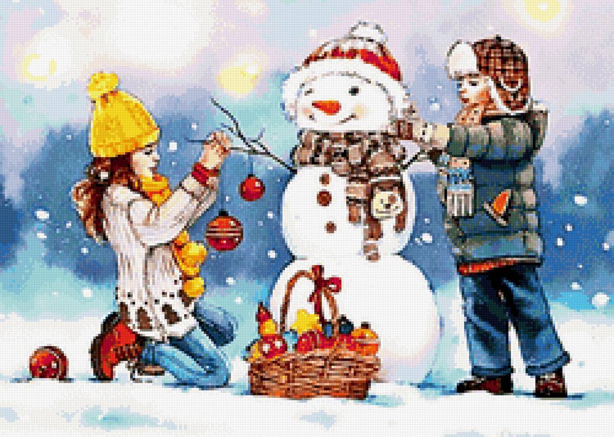 По иллюстрации Евгении Чистотиной - рисунок, рождество, зима, снеговик, дети, новый год - предпросмотр