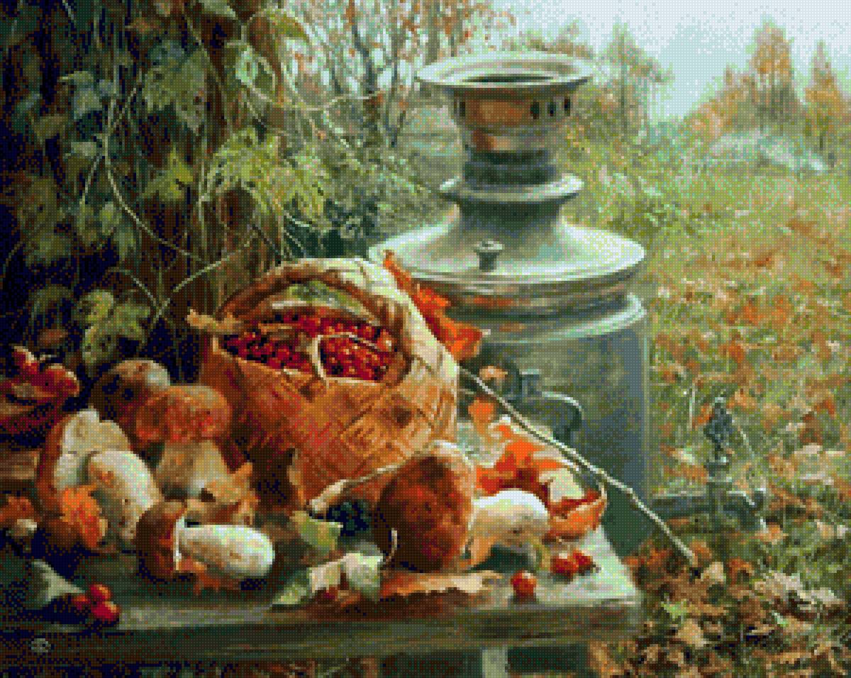 Картина - осень, самовар, грибы - предпросмотр