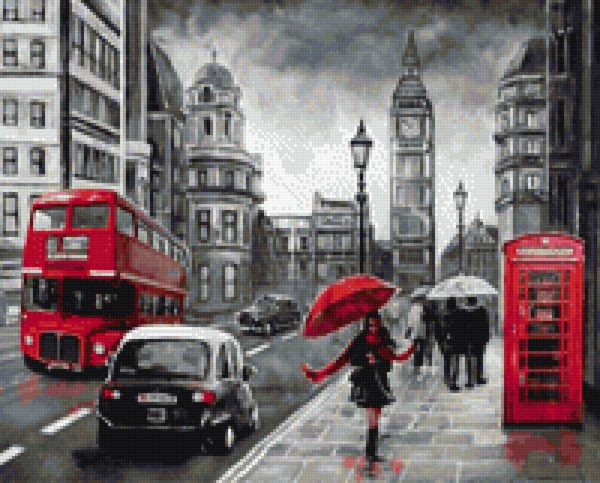 Англия в серо-красных тонах - биг бен, красный зонтик, англия, красный автобус, телефонная будка - предпросмотр