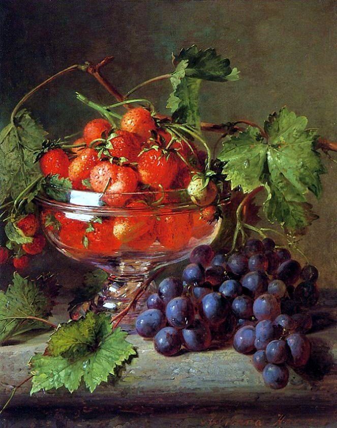 АДРИАНА ЙОХАННА ХААНЕН. НАТЮРМОРТ С ВИНОГРАДОМ И КЛУБНИКОЙ - фрукты, натюрморт - оригинал