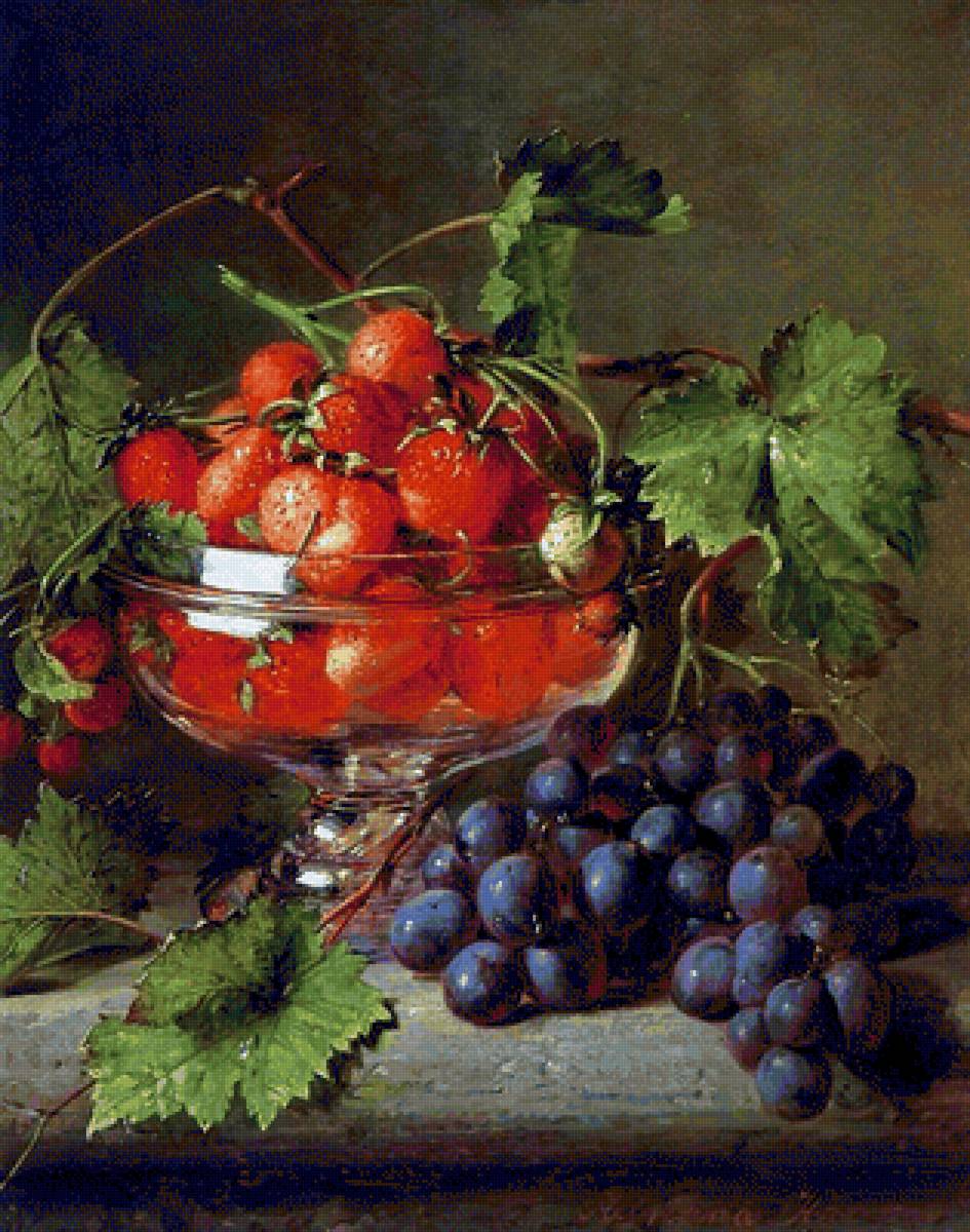 АДРИАНА ЙОХАННА ХААНЕН. НАТЮРМОРТ С ВИНОГРАДОМ И КЛУБНИКОЙ - натюрморт, фрукты - предпросмотр